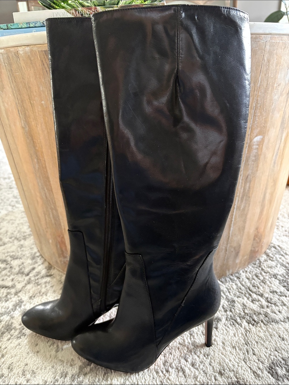 Black Genuine Leather Knee-High Stiletto Boots